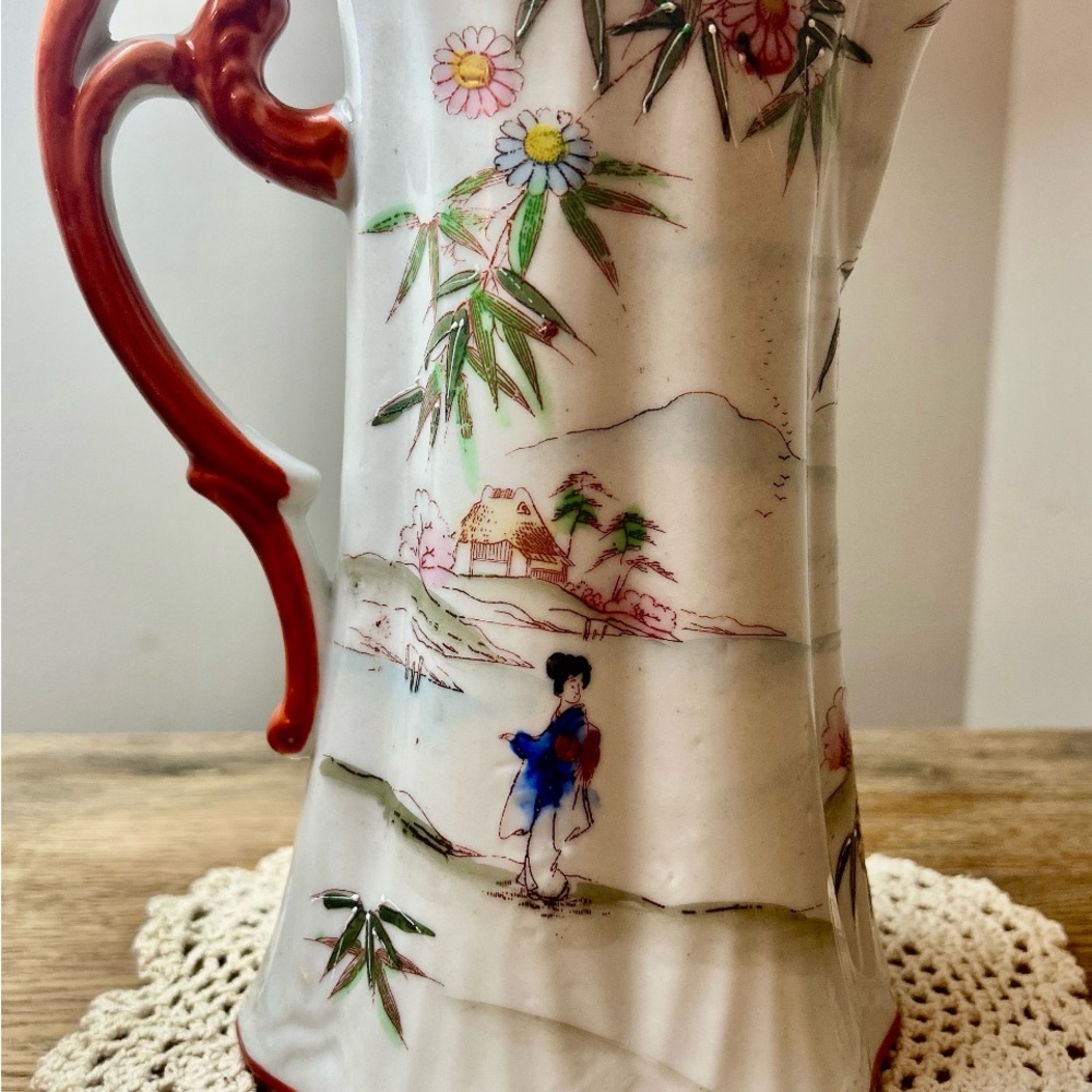 Vintage Floral Ceramic Pitcher with Red Handle - Picture 2 of 8
